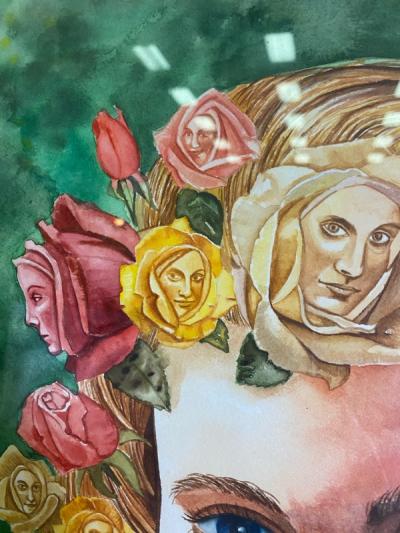 SIGNED SURREALIST ROSE WOMAN PORTRAIT WATERCOLOR