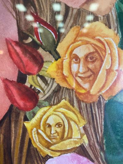 SIGNED SURREALIST ROSE WOMAN PORTRAIT WATERCOLOR
