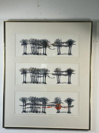 SIGNED THREE SCENE AUTUMN SUN AND TREESCAPE LITHOGRAPH