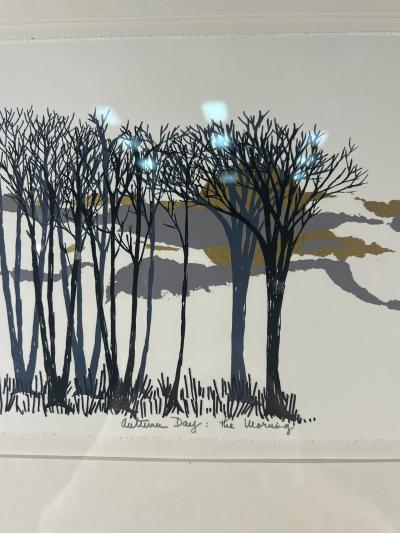 SIGNED THREE SCENE AUTUMN SUN AND TREESCAPE LITHOGRAPH