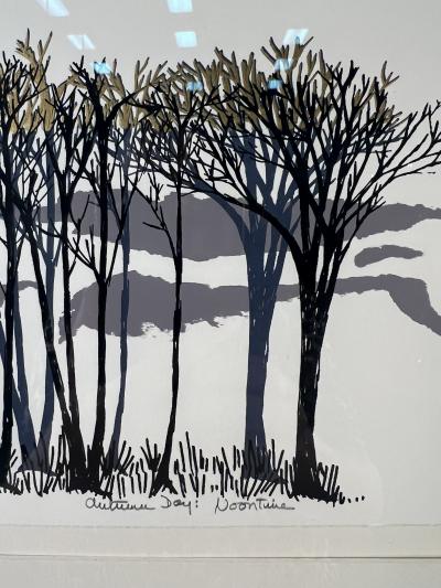 SIGNED THREE SCENE AUTUMN SUN AND TREESCAPE LITHOGRAPH