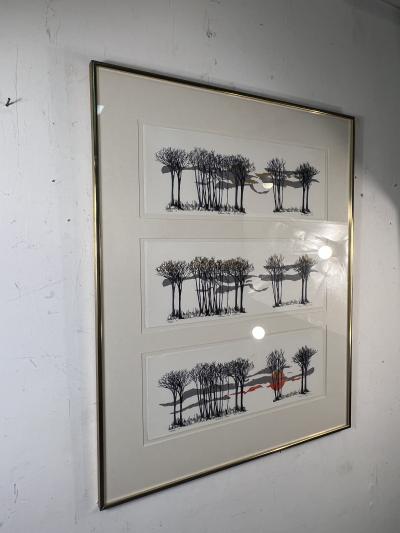 SIGNED THREE SCENE AUTUMN SUN AND TREESCAPE LITHOGRAPH
