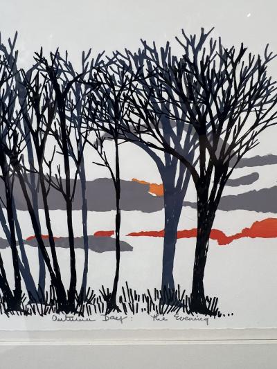 SIGNED THREE SCENE AUTUMN SUN AND TREESCAPE LITHOGRAPH