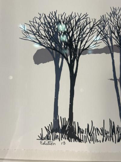 SIGNED THREE SCENE AUTUMN SUN AND TREESCAPE LITHOGRAPH