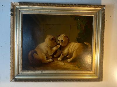 SIGNED VICTORIAN PAINTING THE MOUSERS DATED 1884