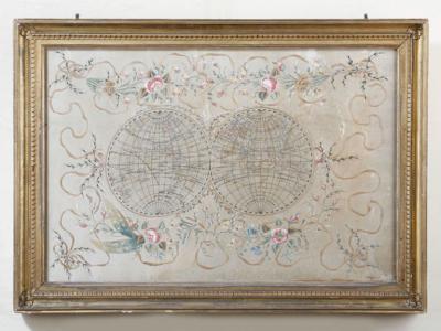 SILK NEEDLEWORK MAP OF THE EASTERN AND WESTERN HEMISPHERES