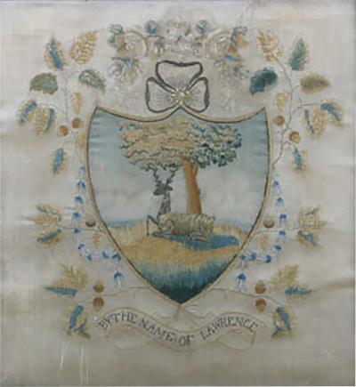 SILK ON SILK NEEDLEWORK COAT OF ARMS OF THE LAWRENCE FAMILY