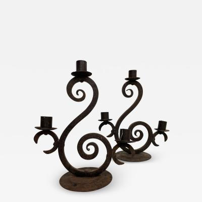 SPAIN Forged Iron Candelabra Pair Three Arm Candle Holders Rustic Scroll 1940s