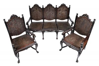 SPANISH COLONIAL PARLOR SET SETTEE ARM CHAIRS EMBOSSED LEATHER SPAIN 19TH C