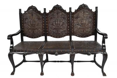 SPANISH COLONIAL PARLOR SET SETTEE ARM CHAIRS EMBOSSED LEATHER SPAIN 19TH C