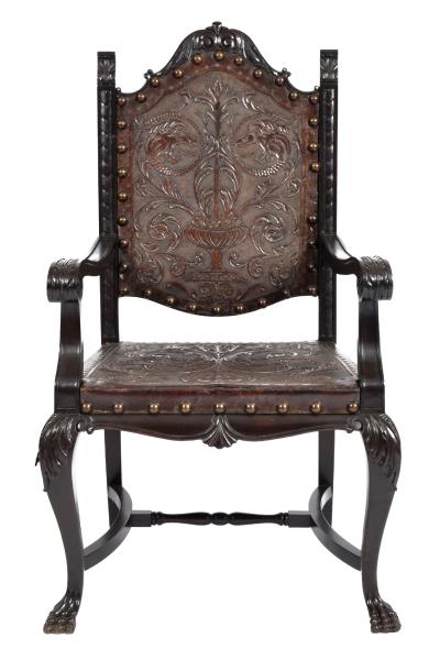 SPANISH COLONIAL PARLOR SET SETTEE ARM CHAIRS EMBOSSED LEATHER SPAIN 19TH C