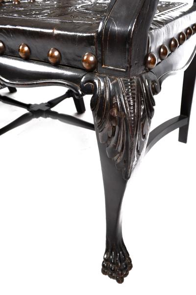 SPANISH COLONIAL PARLOR SET SETTEE ARM CHAIRS EMBOSSED LEATHER SPAIN 19TH C