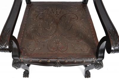 SPANISH COLONIAL PARLOR SET SETTEE ARM CHAIRS EMBOSSED LEATHER SPAIN 19TH C