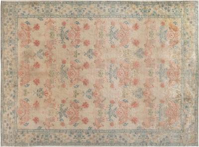 SPANISH MIDCENTURY BEIGE TURQUOISE AND DUSTY PINK HAND KNOTTED RUG