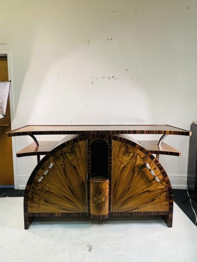 SPECTACULAR PAIR OF ART DECO EXOTIC WOOD CREDENZAS WITH BAKELITE CHROME HANDLES