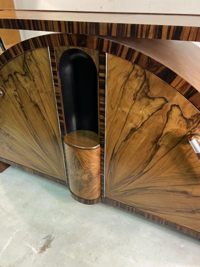 SPECTACULAR PAIR OF ART DECO EXOTIC WOOD CREDENZAS WITH BAKELITE CHROME HANDLES