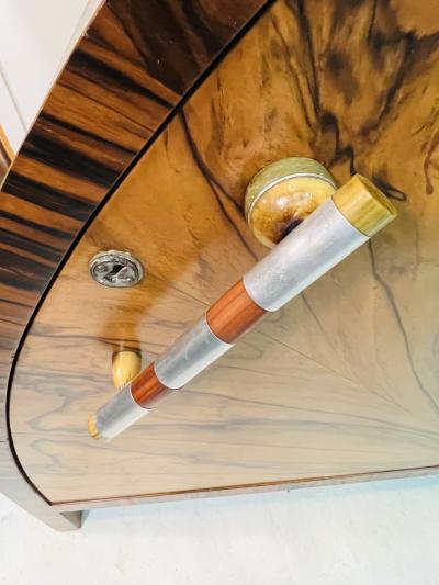 SPECTACULAR PAIR OF ART DECO EXOTIC WOOD CREDENZAS WITH BAKELITE CHROME HANDLES