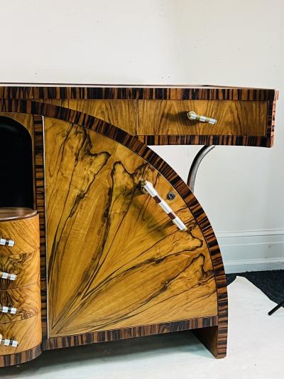 SPECTACULAR PAIR OF ART DECO EXOTIC WOOD CREDENZAS WITH BAKELITE CHROME HANDLES