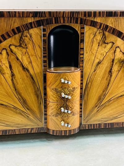 SPECTACULAR PAIR OF ART DECO EXOTIC WOOD CREDENZAS WITH BAKELITE CHROME HANDLES
