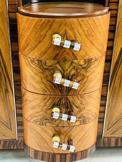 SPECTACULAR PAIR OF ART DECO EXOTIC WOOD CREDENZAS WITH BAKELITE CHROME HANDLES