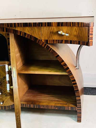SPECTACULAR PAIR OF ART DECO EXOTIC WOOD CREDENZAS WITH BAKELITE CHROME HANDLES