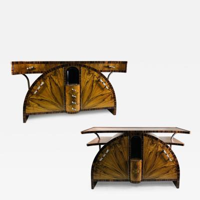 SPECTACULAR PAIR OF ART DECO EXOTIC WOOD CREDENZAS WITH BAKELITE CHROME HANDLES