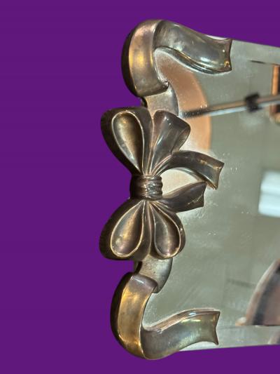 STERLING SILVER BOW DESIGN FRAMED BEVELED MIRROR VANITY TRAY