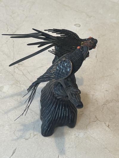 STERLING SILVER ENAMEL AND CORAL PAIR OF BIRDS ON TREE SCULPTURE