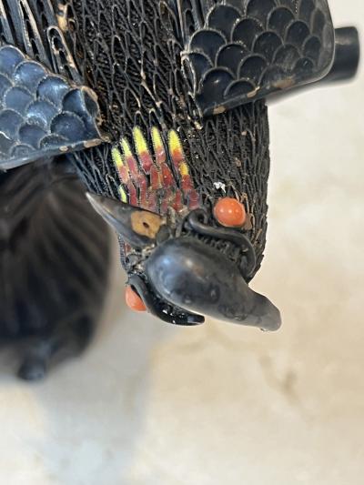 STERLING SILVER ENAMEL AND CORAL PAIR OF BIRDS ON TREE SCULPTURE