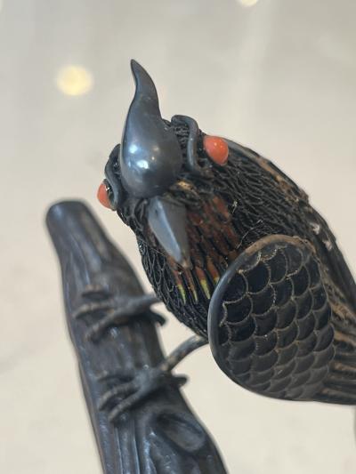 STERLING SILVER ENAMEL AND CORAL PAIR OF BIRDS ON TREE SCULPTURE