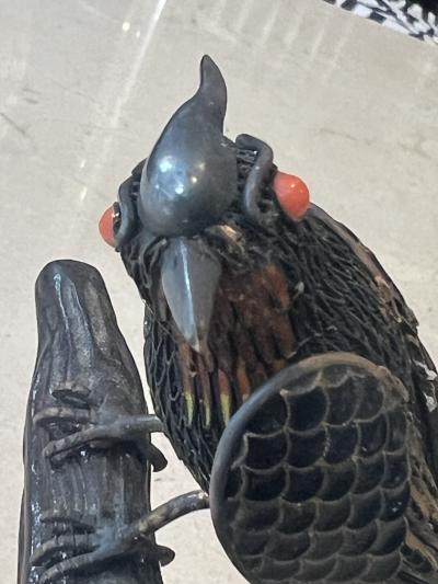 STERLING SILVER ENAMEL AND CORAL PAIR OF BIRDS ON TREE SCULPTURE