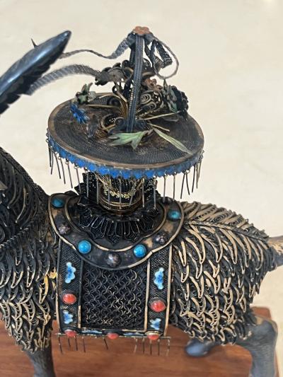 STERLING SILVER FILAGREE ENAMEL CORAL GOAT CEREMONIAL SADDLE FLOWER BASKET