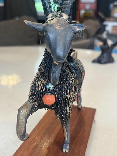 STERLING SILVER FILAGREE ENAMEL CORAL GOAT CEREMONIAL SADDLE FLOWER BASKET