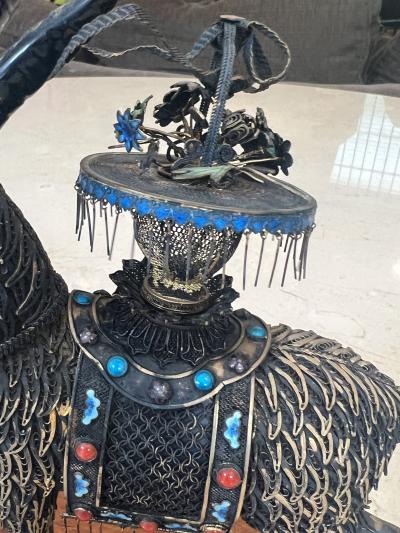 STERLING SILVER FILAGREE ENAMEL CORAL GOAT CEREMONIAL SADDLE FLOWER BASKET