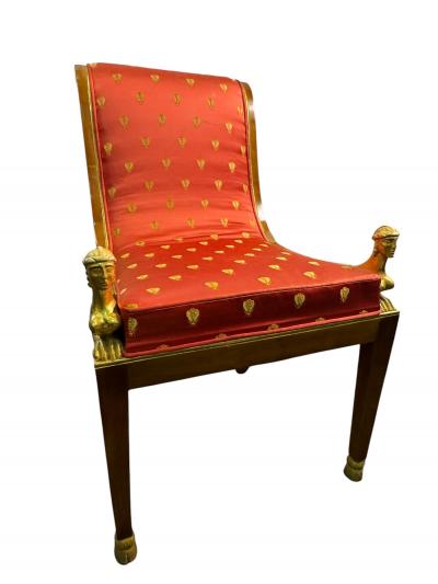 STUNNING EMPIRE CHAIR WITH GILT CARVED NUDE LIONESS CHAIR SILK GOLD BEE FABRIC
