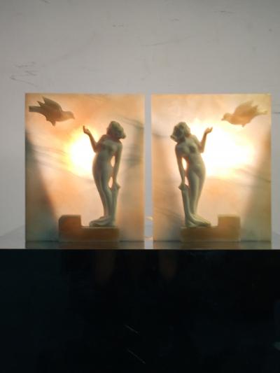 STUNNING NUDE WITH FLYING DOVE SCULPTED ART DECO ALABASTER LAMPS