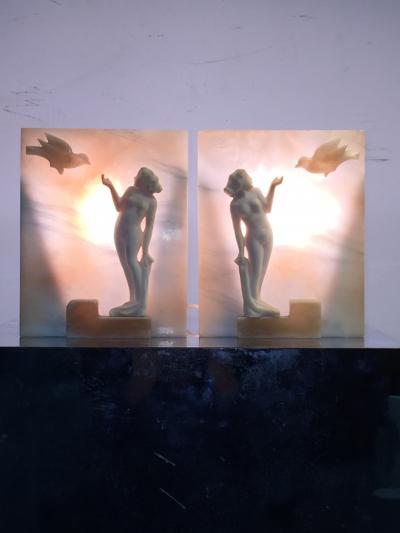 STUNNING NUDE WITH FLYING DOVE SCULPTED ART DECO ALABASTER LAMPS