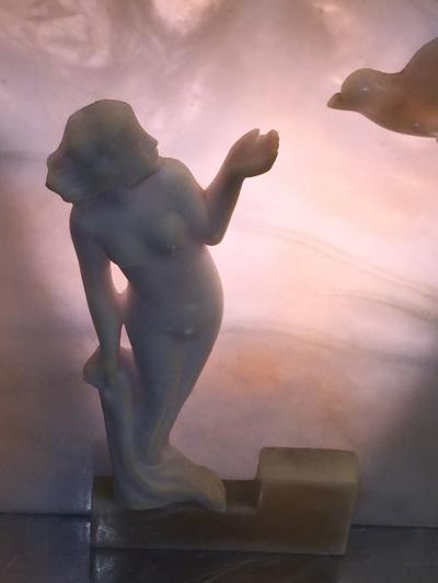STUNNING NUDE WITH FLYING DOVE SCULPTED ART DECO ALABASTER LAMPS