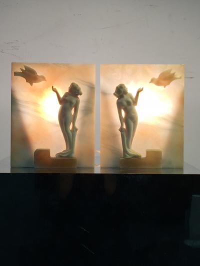 STUNNING NUDE WITH FLYING DOVE SCULPTED ART DECO ALABASTER LAMPS