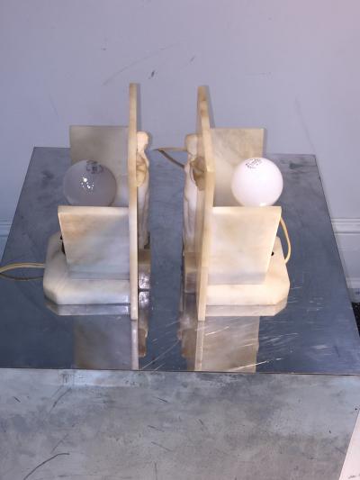 STUNNING NUDE WITH FLYING DOVE SCULPTED ART DECO ALABASTER LAMPS