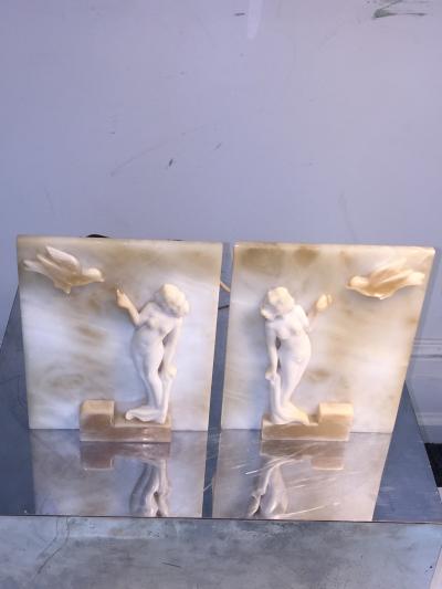 STUNNING NUDE WITH FLYING DOVE SCULPTED ART DECO ALABASTER LAMPS