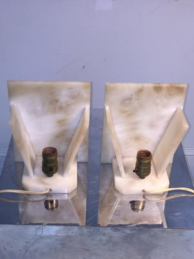 STUNNING NUDE WITH FLYING DOVE SCULPTED ART DECO ALABASTER LAMPS
