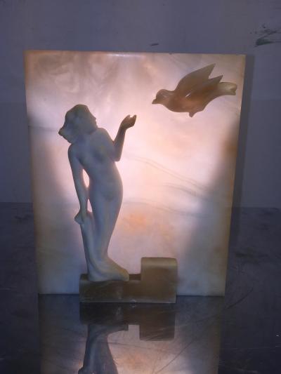 STUNNING NUDE WITH FLYING DOVE SCULPTED ART DECO ALABASTER LAMPS