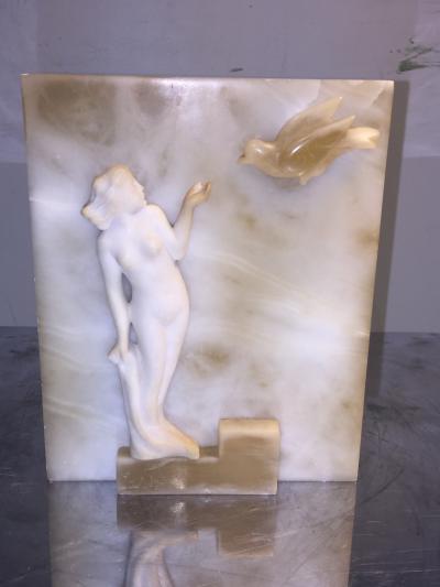 STUNNING NUDE WITH FLYING DOVE SCULPTED ART DECO ALABASTER LAMPS