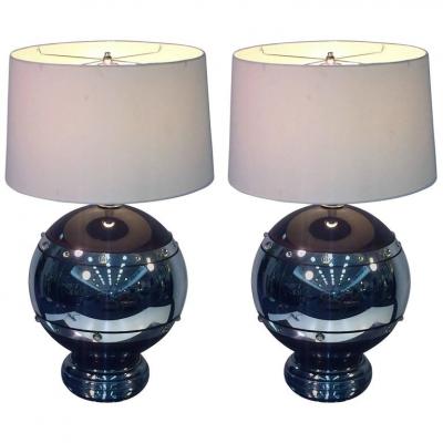 STUNNING PAIR OF ENAMELED BRONZE AND JEWELED MERCURY SPHERE LAMPS