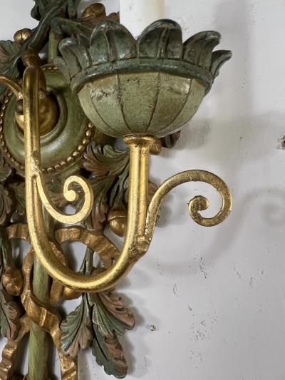 SUITE OF FANCY FOUR ITALIAN GOLD GREEN WOOD LEAF ACORN DESIGN SCONCES