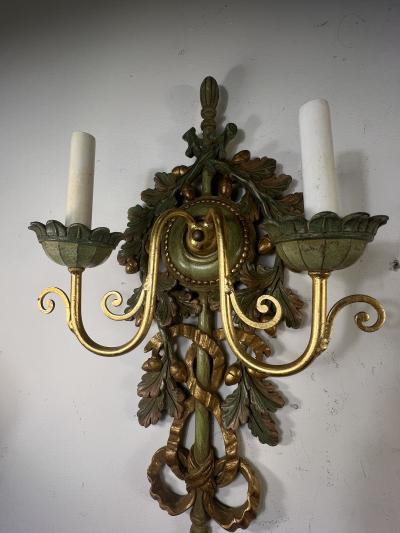 SUITE OF FANCY FOUR ITALIAN GOLD GREEN WOOD LEAF ACORN DESIGN SCONCES