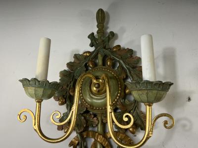 SUITE OF FANCY FOUR ITALIAN GOLD GREEN WOOD LEAF ACORN DESIGN SCONCES