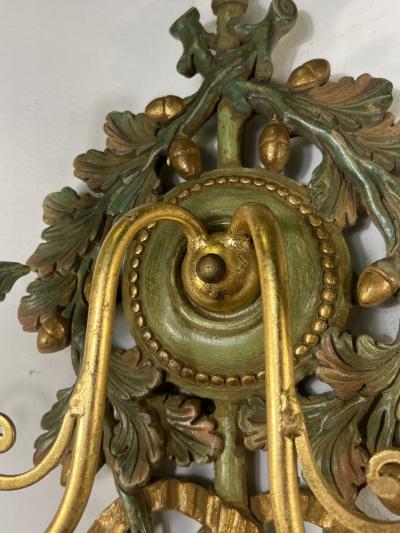 SUITE OF FANCY FOUR ITALIAN GOLD GREEN WOOD LEAF ACORN DESIGN SCONCES