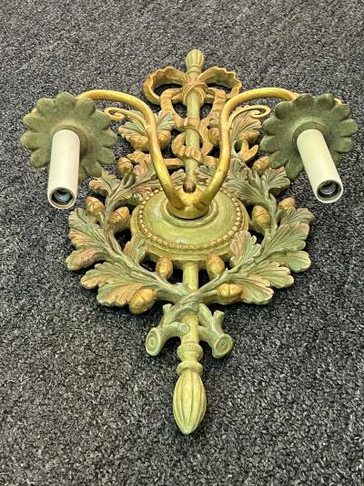 SUITE OF FANCY FOUR ITALIAN GOLD GREEN WOOD LEAF ACORN DESIGN SCONCES